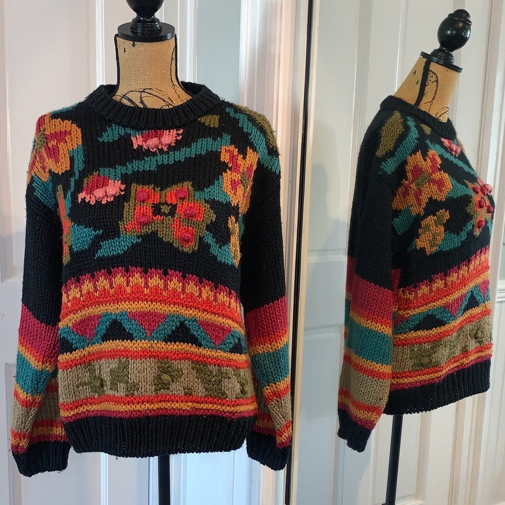 Vintage Le Pullover Grannycore Colorful Knit Floral Abstract Stripe Sweater M